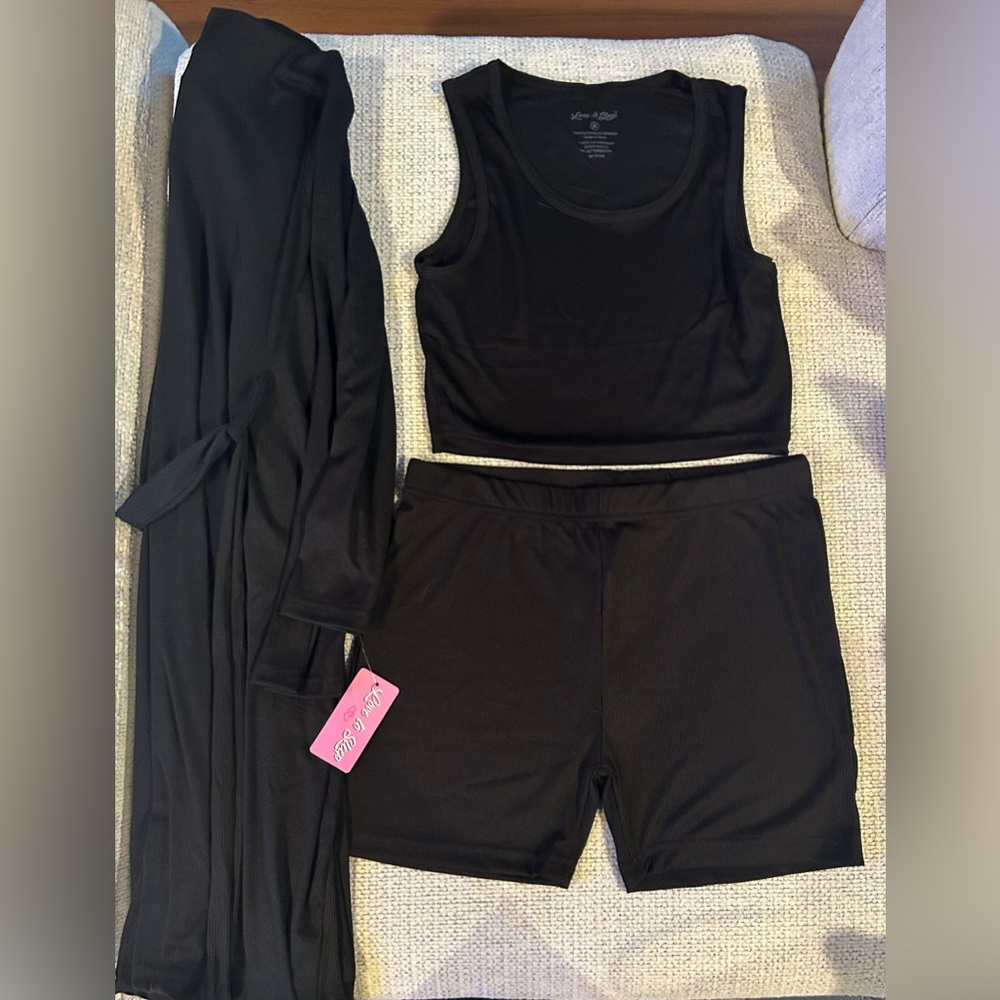 Love To Sleep 3PC Black Ribbed Set (Tank,Shorts & Robe) Size M NWT💣